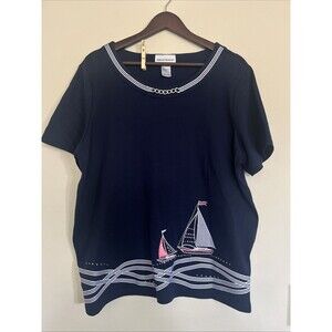 Alfred Dunner Nautical Round Neck Short Sleeve Sail Boat Resort Cruise Top SZ XL
